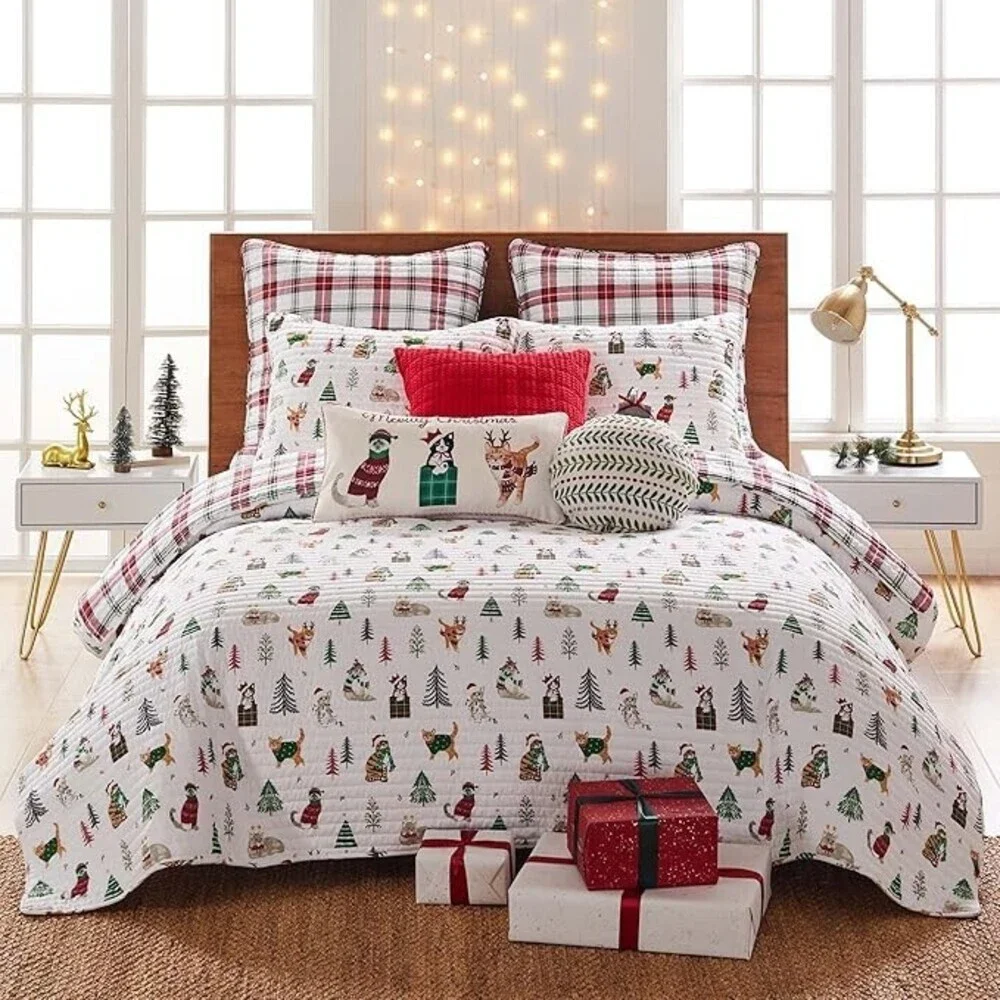 Levtex Home Meowy Christmas Sham Set Euro White Plaid Reversible 2-Piece BED6